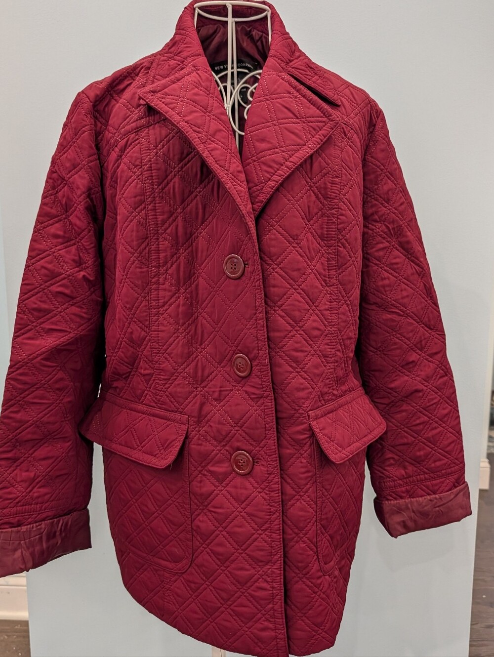 New York & Company Quilted Wine-Red Button-Front Puffer Coat XL